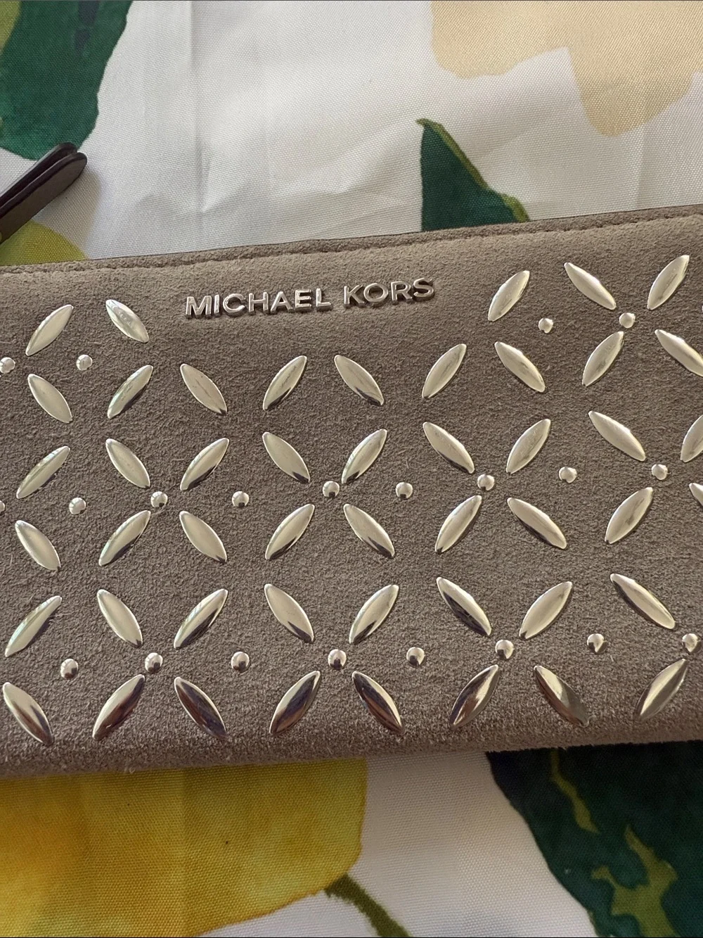 Michael Kors Taupe Suede Zip Wallet with Silver Stud Accents